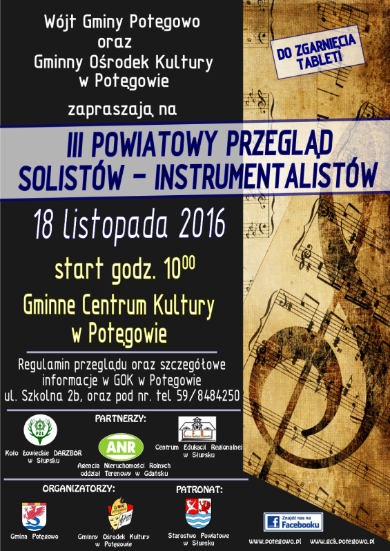 Plakat - III Powiatowy Przegląd Solistów Instrumentalistów w GOK w Potęgowie – zawiera dane zamieszczone poniżej